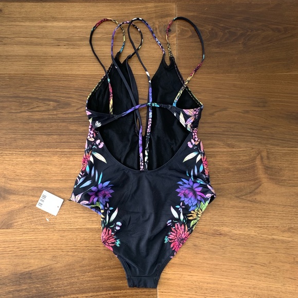NWT UO Deep Plunging Floral Strappy Black Swimsuit - Picture 3 of 4